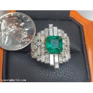 Auction Monday 6/24/24 $29,875 4.46Ctw Emerald and Diamond Wide Dinner Ring 18k White Gold
